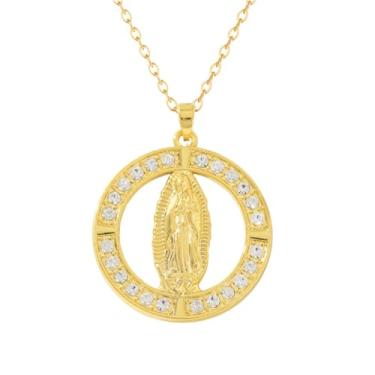 Imagem de Dreuyet Colar de Virgem Maria, presente católico para mulheres, banhado a ouro 18K, Virgem de Guadalupe, pingente de amuleto Mãe Maria Nekclace cristal de strass Nossa Senhora de Guadalupe joia