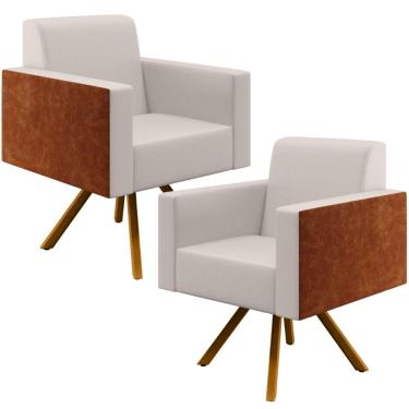 Imagem de Kit 02 Poltronas Decorativa Base Giratória de Madeira Helô L02 Linho Cru Couríssimo Camel - Lyam Decor