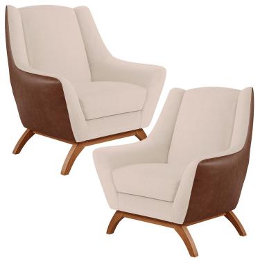 Imagem de Kit 02 Poltronas Base Em Madeira Juliet D02 Courissímo Marrom B-38 Linho Bege C-107 - Lyam Decor