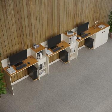 Imagem de Conjunto De Escritório Tech 2 Livreiro 1 Buffet E 3 Mesas 90 - Off White E Cedro Off White E Cedro