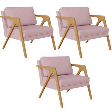 Imagem de Kit 03 Poltronas Decorativas Para Sala Estar Pietra Estrutura De Madeira L02 Suede Rosê - Lyam Decor