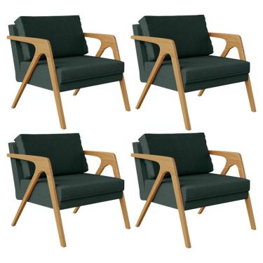 Imagem de Kit 04 Poltronas Decorativa Para Sala Pietra Estrutura De Madeira L02 Linho Verde Musgo - Lyam Decor