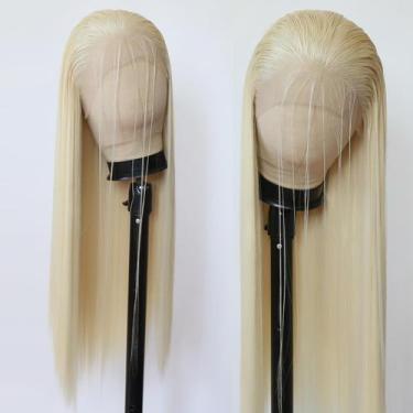 Imagem de Peruca frontal de renda sintética BTWTRY, loira, cabelo longo e liso