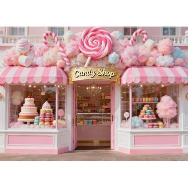 Imagem de DePhoto Pano de fundo de loja de doces de 1,8 x 1,8 m para decoração de mesa de sorvete para festa infantil, chá de bebê, donut, sorvete, decoração de mesa de vinil