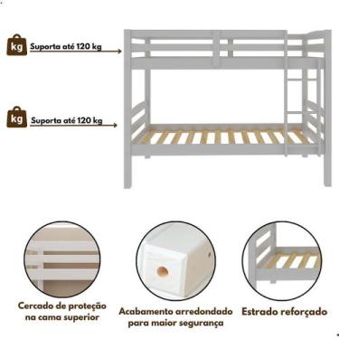 Imagem de Beliche Solteiro de Madeira Maciça com Escada Removível e Grades de Pr