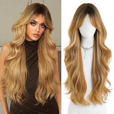 Imagem de 7JHH Peruca loira ondulada com franja e raízes escuras para mulheres, fibra resistente ao calor