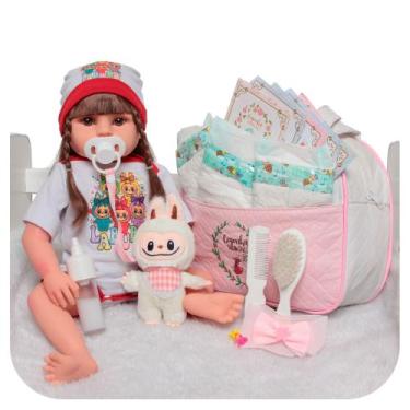 Imagem de Boneca Bebê Reborn Realista 46cm Cabelo Castanho Com Bolsa - Cegonha R
