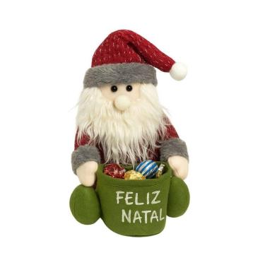 Imagem de Papai Noel Sentado Decorativo Natal Pelúcia Saco Feliz Natal Vinho E Verde 20cm