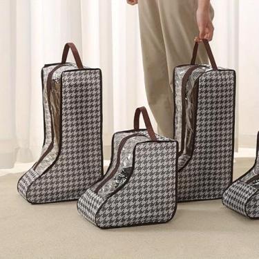 Imagem de 1 bolsa de armazenamento de botas Houndstooth com janela transparente e alça de zíper organizador de sapatos à prova de poeira para botas curtas e armário de viagem, Houndstooth, Elegante