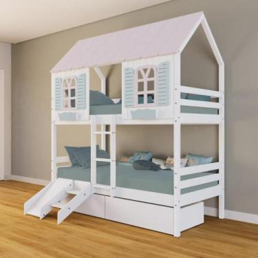 Imagem de Beliche Casinha Bela com 2 Gavetas Kit Escada/Escorregador - Madeira M