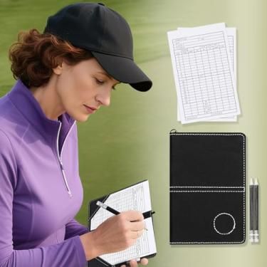 Imagem de Capa para cartão de pontuação de golfe, suporte de pontuação de couro, estatística e rastreamento de pontuação, impermeável, macio, grosso, durável, caderno (preto)