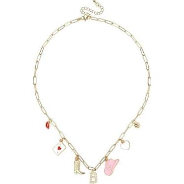 Imagem de Colar com pingente de letra de vaca ocidental dourado para mulheres, colar com pingente de vaca botas de vaca chapéu moderno clipe de papel corrente colar joia presente (B)