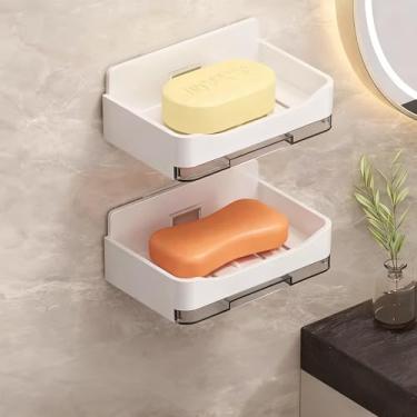 Imagem de Saboneteira de banheiro com gancho sem perfuração, suporte de esponja montado na parede, caixa de armazenamento, saboneteira de drenagem dupla, acessórios de banheiro (branco)