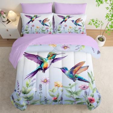 Imagem de AILONEN Jogo de cama casal com estampa de pássaro floral de jardim roxo para crianças, edredom e lençol com elástico com lençol de cima, 2 fronhas, 2 fronhas, 7 peças, microfibra macia