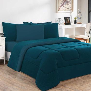 Imagem de Kit Edredom + Jogo De Lençol Malha 100% Algodão Gran Moratta 7 Peças Casal - Azul Petróleo-azul Petróleo
