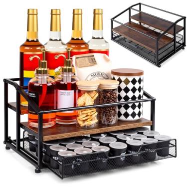 Imagem de Organizador de xarope de café, rack de xarope de 8 garrafas de 3 camadas com gaveta de 35 K para cafeteria, suporte de garrafa de bancada para vestir para cozinha e cafeteria