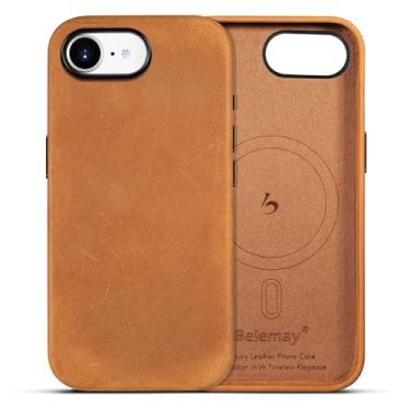 Imagem de Belemay Capa de couro compatível com iPhone 16e, compatível com Magsafe, couro de cavalo louco premium [estética vintage] aderência confortável, pátina exclusiva, capa de botões de metal (6,1