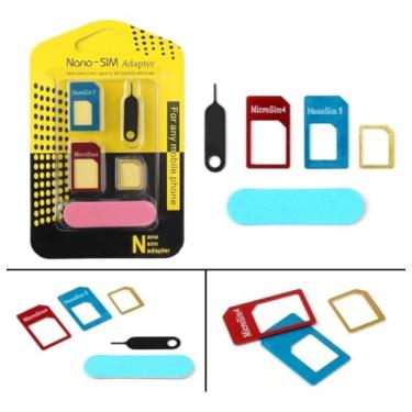 Imagem de Kit Adaptador Universal 5 em 1 para Cartão SIM, Conversor Nano e Micro SIM com Extrator, Compatível com Todos Dispositivos Móveis