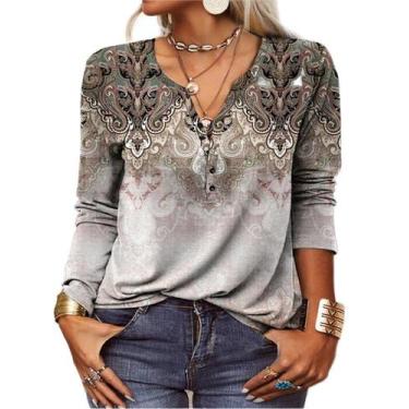 Imagem de Blusa feminina Akivide, boho, floral, manga comprida, decote em V, tam