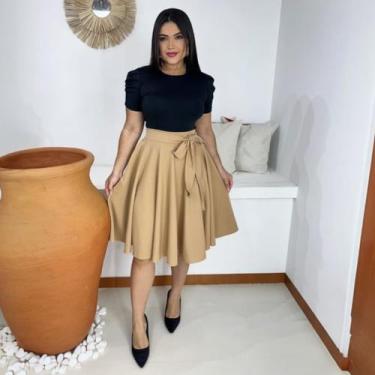 Imagem de Saia Midi Plus Size Godê Moda Evangélica Feminina - Miss Flower, Bege,