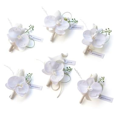 Imagem de Angela flower Conjunto de 6 tulipas de orquídea, flor branca para homens, corsage flores artificiais padrinhos convidados conjunto de boutonniere para cerimônia de casamento, aniversário, festa de
