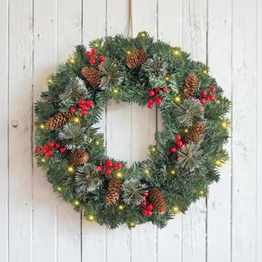 Imagem de Guirlandas de Natal artificiais pré-iluminadas para porta da frente, decoradas com galhos foscos de pinheiro, frutas vermelhas e pinhas; guirlanda de decoração de porta de Natal com luzes quentes de