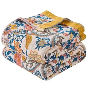 Imagem de ERZVND Cobertor boho reversível de algodão boêmio, cobertor 100% algodão para sofá, cadeira, colcha leve de verão, cobertor macio de musselina de 4 camadas para fazenda, decoração de piquenique 127 x