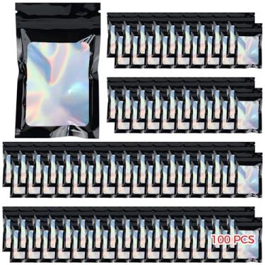 Imagem de Sacos holográficos seláveis de 100 peças, preto e transparente, 3,5 x 12 cm, bolsas de armazenamento de plástico ziplock, acabamento brilhante para presentes