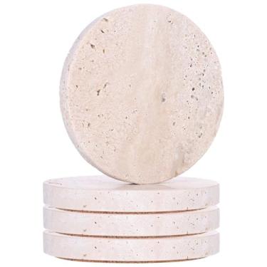 Imagem de 4 peças de porta-copos de pedra bege de travertino de 10 cm redondo com tapete antiderrapante porta-copos de bar para escritório em casa, mesa ao ar livre, mesa, decoração de travertino