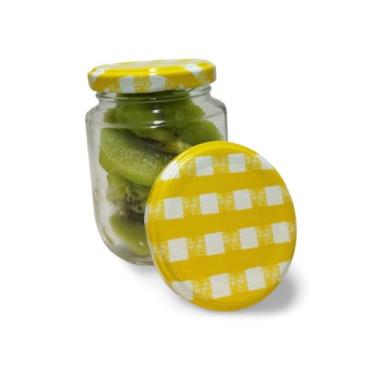 Imagem de Kit Potes De Vidros 240ml Belem para Geleias Doces Conservas Tampas Metálicas Lacres (10,Xadrez Amarelo)