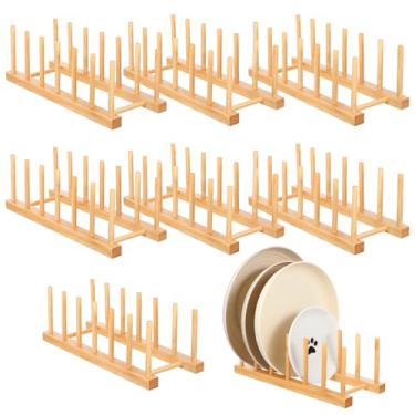 Imagem de Meyeyaia Pacote com 8 prateleiras de bambu de madeira para secar louças, organizador de pratos, suporte de tampa de panela de madeira, suporte de madeira, armário de cozinha, armazenamento de espaço