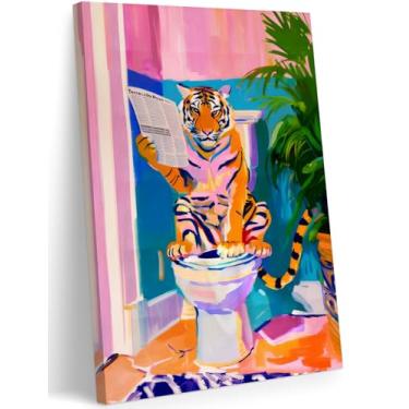Imagem de FWAHREN Arte de parede de banheiro engraçada tigre no banheiro, pintura eclética de animais fofos, impressões artísticas, coquete divertido emoldurado, rosa feminino, decoração de parede de banheiro