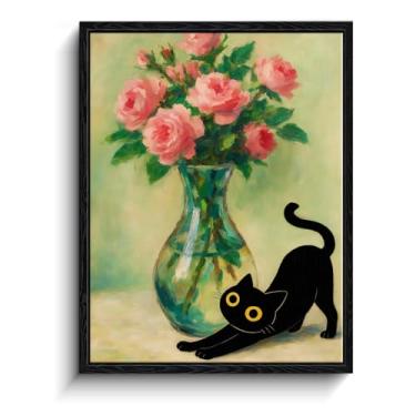 Imagem de Arte de parede emoldurada de gato preto, gato preto engraçado com rosas rosa natureza morta impressão de arte texturizada, pôsteres ecléticos de gato para quarto, sala de estar, banheiro, decoração de