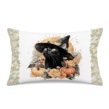 Imagem de UZFNY Capa de almofada assustadora de gato preto fofo chapéu de bruxa e abóbora decoração dupla face de linho branco capa de almofada 30 x 50 cm decoração de casa