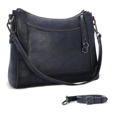 Imagem de Iswee Bolsa tiracolo de couro para mulheres, bolsa de ombro média Hobo de couro legítimo, bolsas e bolsas de mão, Azul marinho, Medium, Bolsa de ombro feminina transversal