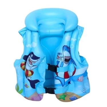 Imagem de Colete Salva-Vidas Infantil com Design de Tubarão, Azul e Rosa, para Crianças 2-6 Anos, Fecho Duplo de Segurança, 40x37cm, Material Inflável (Azul)