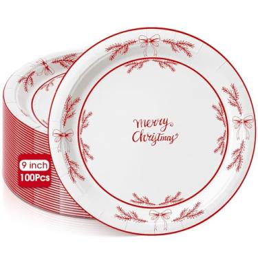 Imagem de Uiifan 100 peças, pratos de Feliz Natal, ramos de pinheiro vermelho, pratos de papel, 22 cm, descartáveis, utensílios de mesa para Natal, aniversário, casamento, tema de casamento, artigos de festa