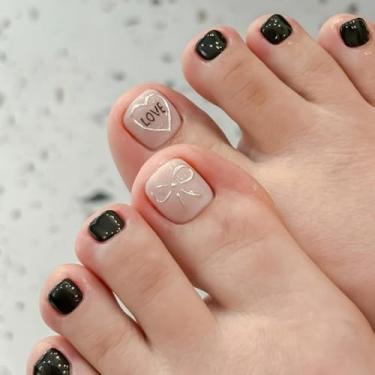 Imagem de Unhas postiças pretas curtas com laço de coração simples, cola acrílica na unha do pé, cobertura total, artificial, para mulheres, uso diário, casamento, 24 peças