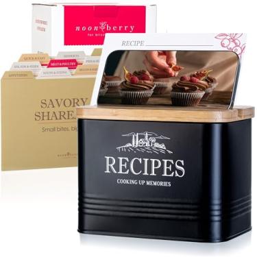 Imagem de noonberry Conjunto de caixa de cartão de receitas vintage 10 x 15 cm - Organizador de metal com tampa de madeira e compartimento para telefone - inclui 50 cartões de receita e 12 divisórias - Lata de