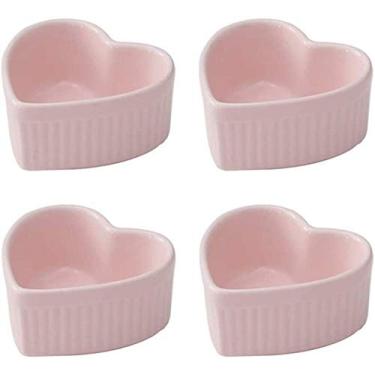 Imagem de Dessert Bowl 4 oz Ramekins Set of 4 Ceramic Heart Shaped Molds for Baking Cakes Jams Souffle Creme Brulee-Blue(Pink)