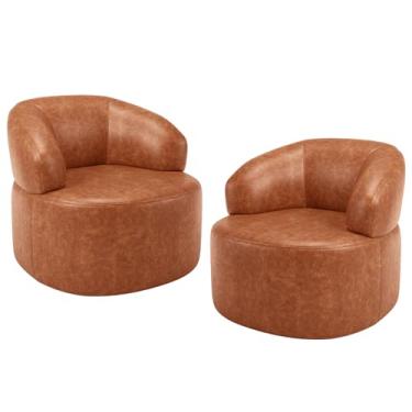 Imagem de Kit 02 Poltronas Giratória Orgânica Para Sala de Estar Living Helena L02 Couríssimo Camel - Lyam Decor