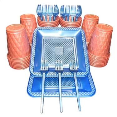 Imagem de Kit 260 Itens Descartaveis Festa Aniversário Prato Quadrado Diamante Plástico Colorido Perolado Candy Pastel (Rose Azul Perolado)