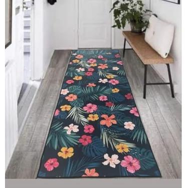 Imagem de Tapete Indiano Super PICR-10, Passadeira para Quarto, Fundo Azul Escuro com Flores Coloridas, 2,00x0,60 Metros