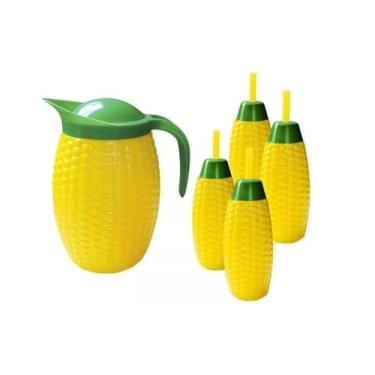 Imagem de Jogo 4 Copos Milho + 1 Jarra Milho - Kit Decoração Festa Junina São João Festa Arraiá