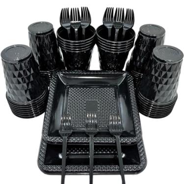 Imagem de Kit 260 Itens Descartaveis Festa Aniversário Prato Quadrado Diamante Plástico Colorido Perolado Candy Pastel (Preto)