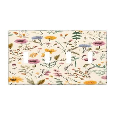 Imagem de Naiqadnehz Placa de cobertura para interruptor de luz, cor quente, flor, planta, amarelo, verde, 4 gangues, quadriciclo, interruptor elétrico, capa decorativa para decoração de cabine de quarto
