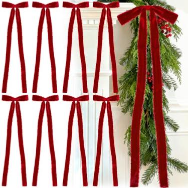 Imagem de Glitinsel 8 peças de laços de Natal de veludo vermelho 23 x 80 cm, pré amarrados, feitos à mão, franja, veludo, laços, artesanato rústico, embrulho de presente para guirlanda de Natal, escada, escada