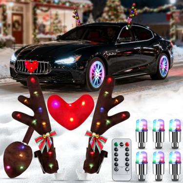 Imagem de Angooni Kit de carro de rena de Natal com controle remoto de LED – Decoração de chifres com 6 pequenas luzes LED para pneus, decorações de Natal para carro, ajuste universal com jipe, caminhões