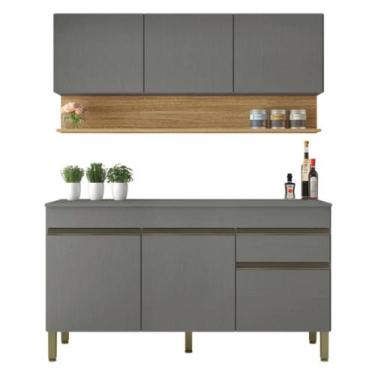 Imagem de Kit Armário de Cozinha e Balcão Completa 1,50m Line Madeirado/Grafite 