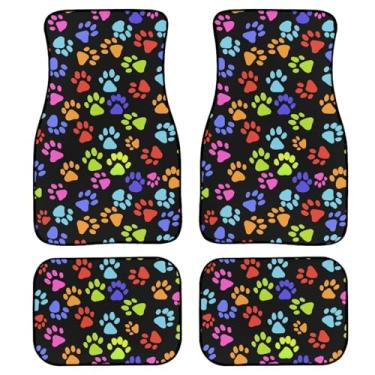 Imagem de Tapetes de carpete com estampa de pata de cachorro colorido da Dreaweet, conjunto completo de acessórios para 4 peças, estação antiderrapante, suporte de borracha, tapete para carro SUV e caminhão, ou Van